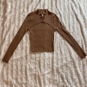 Brown sweater cut out tie long sleeve top v neck shirt stretchy size medium